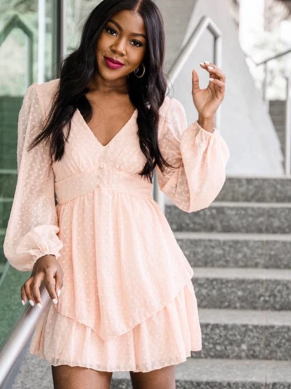 V-Neck Long Sleeve Tiered Mini Dress in Coral   size M - Picture 8 of 17